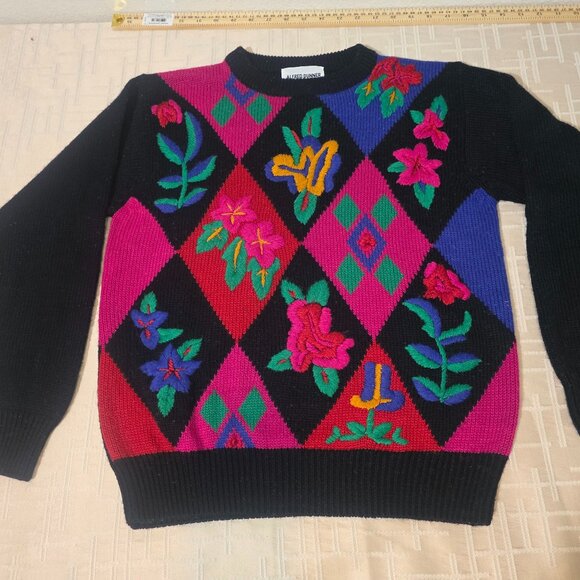 Alfred Dunner 80s Argyle Floral Black Multicolor Pullover Sweater Womens Sz M - Picture 1 of 7